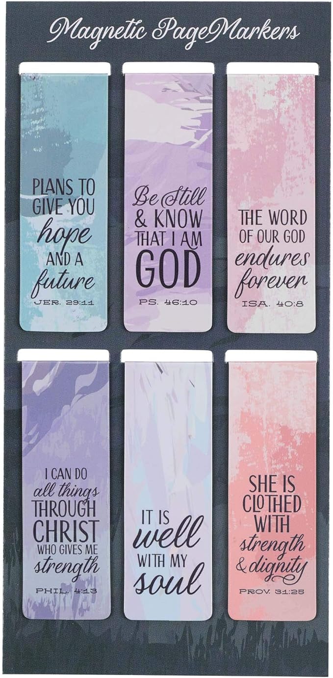 Christian Art Gifts Set of 6 Beloved Scripture Favorites with Abstract Scenic Bookmark Rectangular Folded Magnetic Pastel Design Inspirational Magnetic Bible Verse Bookmark, Size Small 2.3" x 0.8"
