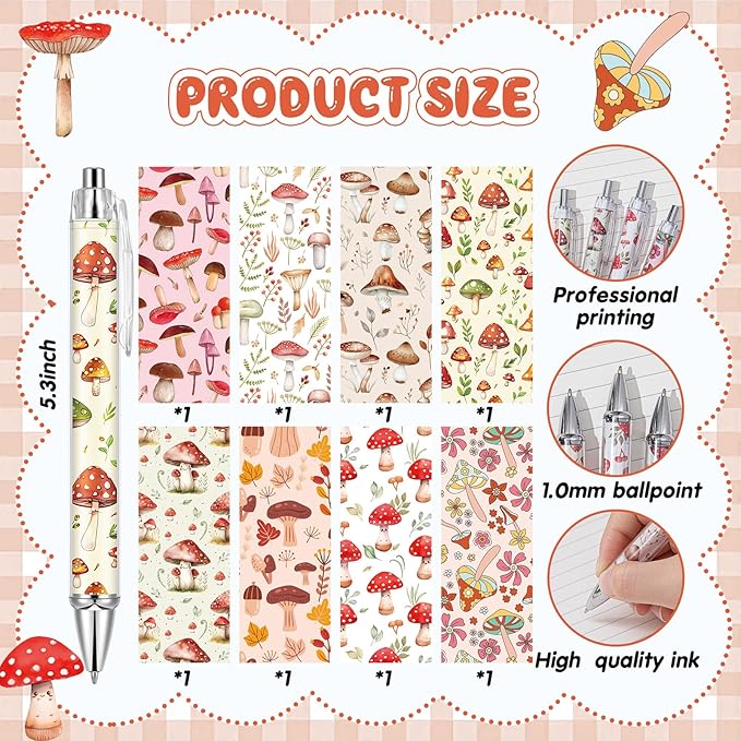 Ireer 8 Pcs Ballpoint Pens for Women 1.00 mm Cute Black Ink Fancy Pens Fine Point Smooth Writing for Journaling Aesthetic Office Supplies(Mushroom)