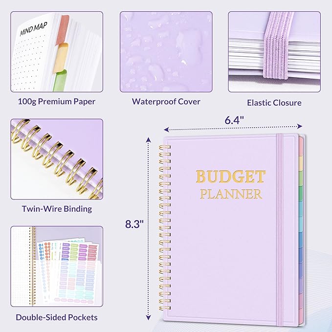 SUNEE Budget Planner - Monthly Budget Book with Expense Tracker Notebook, Undated 12 Month Bill Organizer & Finance Planner to Manage Your Money, A5(6.4" x 8.3") Account Book with Colorful Tab, Purple