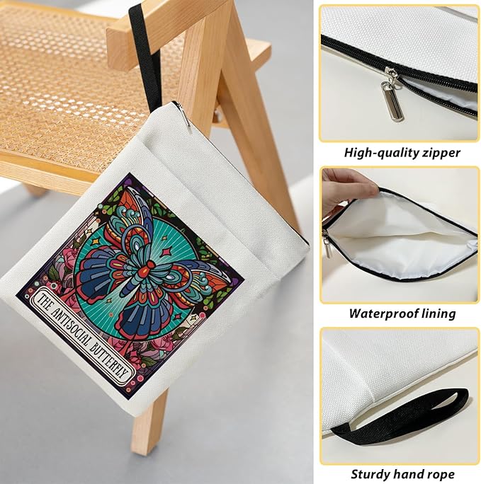 The Antisocial Butterfly - Butterfly Book Sleeve, Book Lovers Gifts Book Pouch Book Sleeve with Zipper and Front Pocket Reader Gifts Birthday Gifts for Adult Teen Teacher -08