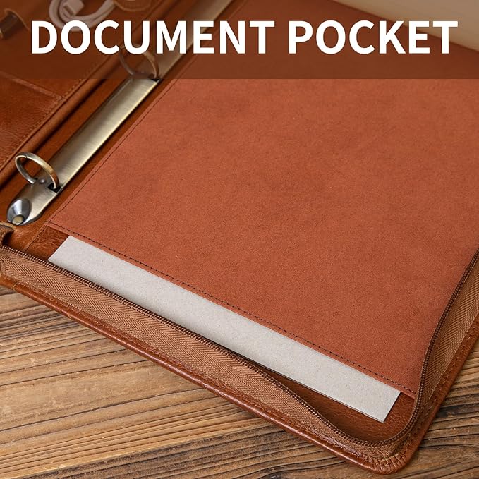 YIWEN Handmade Crazy-Horse Leather 3 Ring Binder Portfolio Padfolio Folder with Zipper for Men and Women, Business Organizer for Letter A4 Size for Meeting and Travel (Non-custom, Oil Wax-brown)