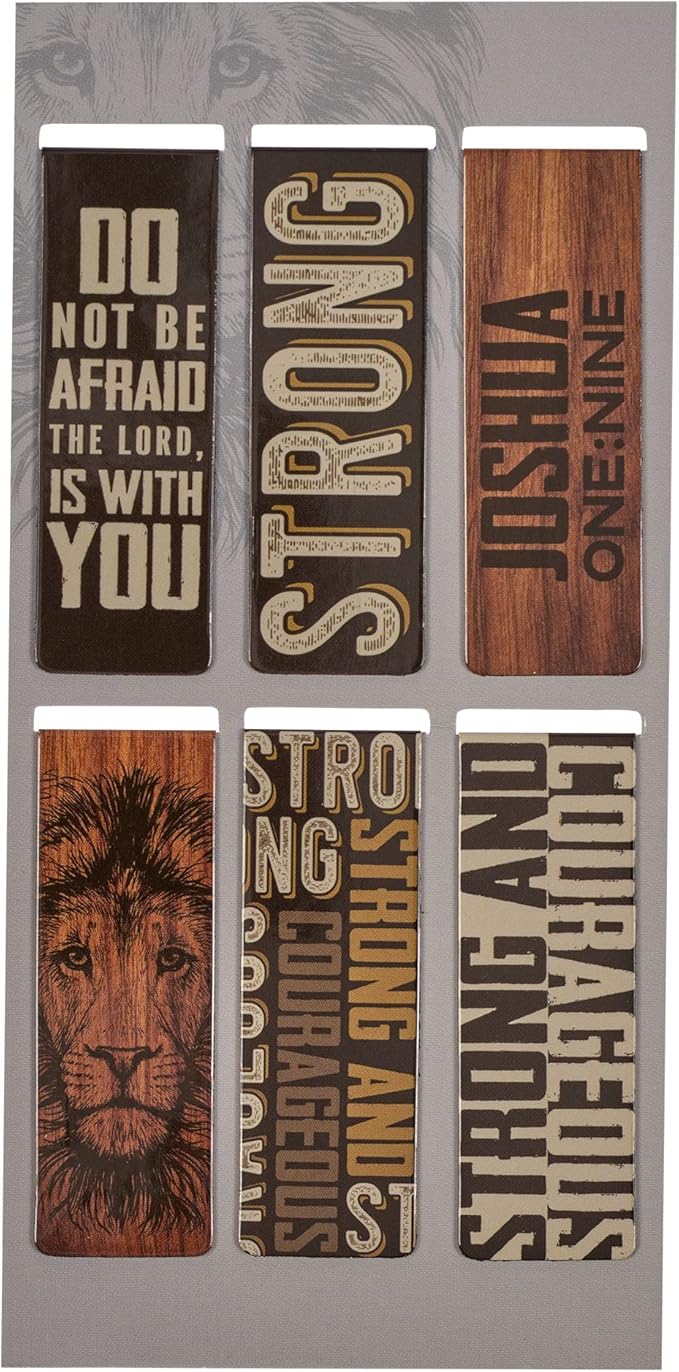 Christian Art Gifts Magnetic Scripture Bookmark/Pagemarker Set for Men: Strong & Courageous Lion - Set of 6, Inspirational Scripture for Bibles, Fridges, Books, Multicolor/Brown/Black/Gray, Small