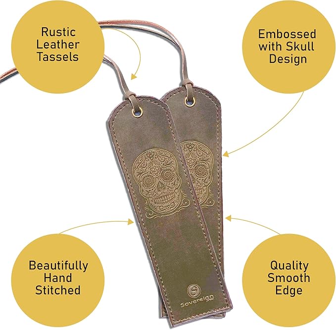 Leather Bookmark Handmade with Sugar Skull Heart Design - 2 Genuine Leather Book Marks for Reading - Unique Bookmarks for Men Women Girls | Gothic Book Lover Gifts for Bookworms Relatives and Friends
