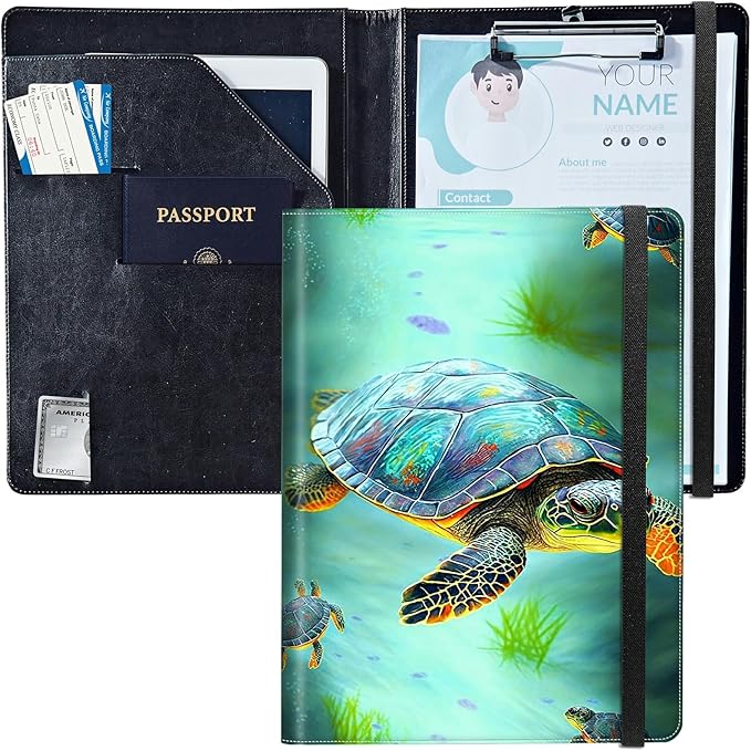 PU Leather Padfolio Clipboard Notepad with Pen Loop and Elastic Strap Interview/Resume Document Organizer for Business School Office,Sea Turtles