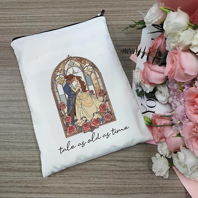 Tale As Old As Time Belle's Book Coffee Book Lover Book Sleeve, Book Covers with Zipper, Book Lovers, Book Pouch Kindle Protector, Gifts for Women Teacher Librarian Bookworm Bookish (White-B, Large)