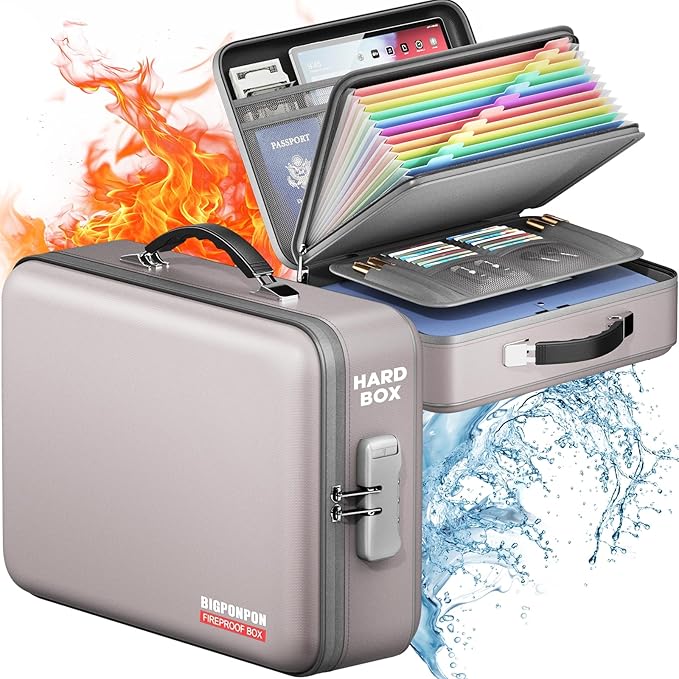 Fireproof Document Box with Water-Resistant Zipper, Hard Case Fireproof Box with Lock, Portable Hard-Shell Fire Safe Box, Large Capacity File Organizer for Important Documents, Laptop (Gray, M)