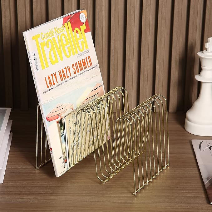 MyGift Metal Gold Folder Organizer for Desk, Magazine Holder 9 Sections, Decorative Vinyl Record Holder, Office File Organizer Rack