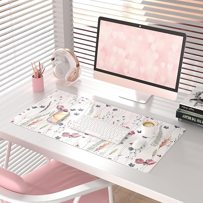 QIYI Large Mouse Pad, Cute Flower Desk Mat for Desktop, Women Girls Floral Office Décor Desk Accessories, PU Leather Waterproof Big Gaming Mousepad, Wildflowers Desk Pad Computer Mat, 31.5" x 15.7"