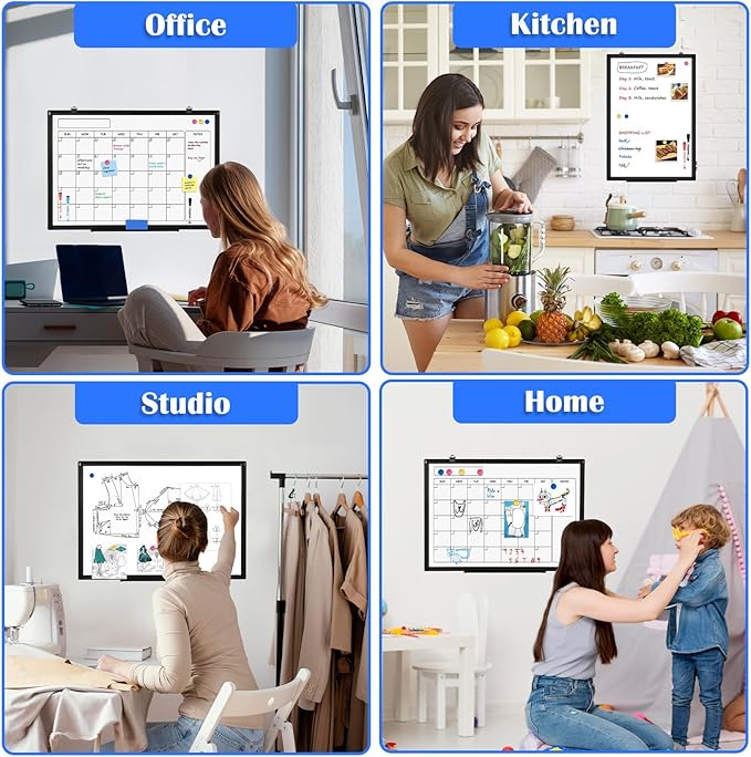 Monthly Calendar Dry Erase Whiteboard, 30" x 20" Magnetic Calendar White Board, Double-Sided Portable Board with Black Aluminium Frame for Office, Kitchen, School, Home