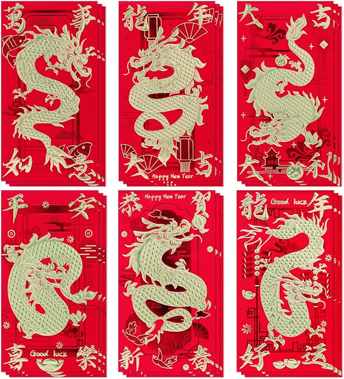 Red Envelopes Chinese New Year Dragon 2024, Lunar New Year of the Dragon Envelope Large Interoffice Envelopes Red Packet Hong Bao with 6 Different Gold Embossed Patterns (18 Pcs 6.69*3.54in)
