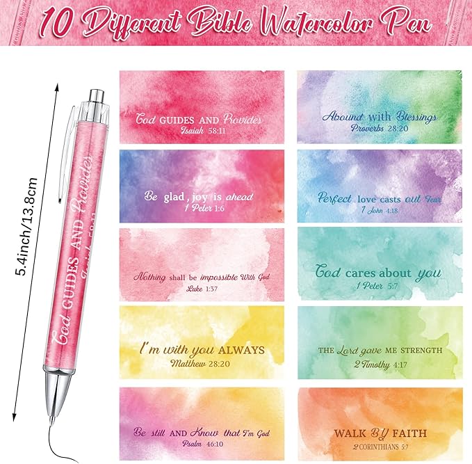 Tinlade 10 Pcs Christian Pens for Women Religious Ink Pens Easter Gifts Inspirational Quotes Bible Verse Ballpoint Funny Office Supplies for Women Men Coworker(Watercolor)