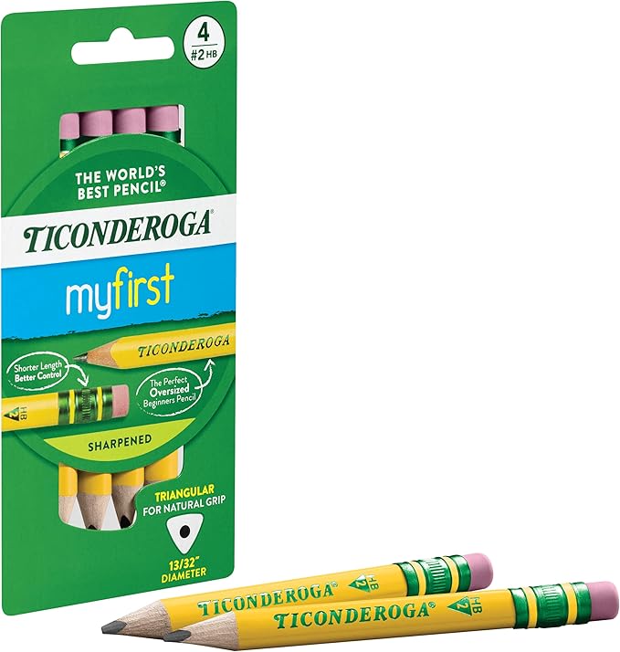 Ticonderoga My First Short Triangular Wood-Cased Pencils, 2 HB Soft, With Erasers, Yellow, 4 Count Pencil Bundle With Erasers, Pencil Shaped, Latex-Free, Yellow, 3-Pack