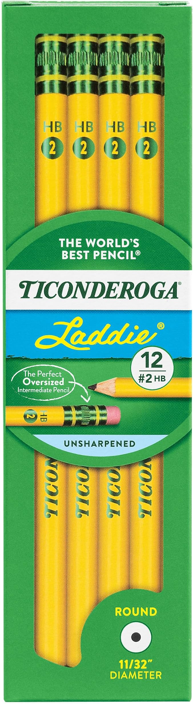Ticonderoga Laddie Wood-Cased Pencils, 2 HB Soft, With Erasers, Yellow, 12 Count