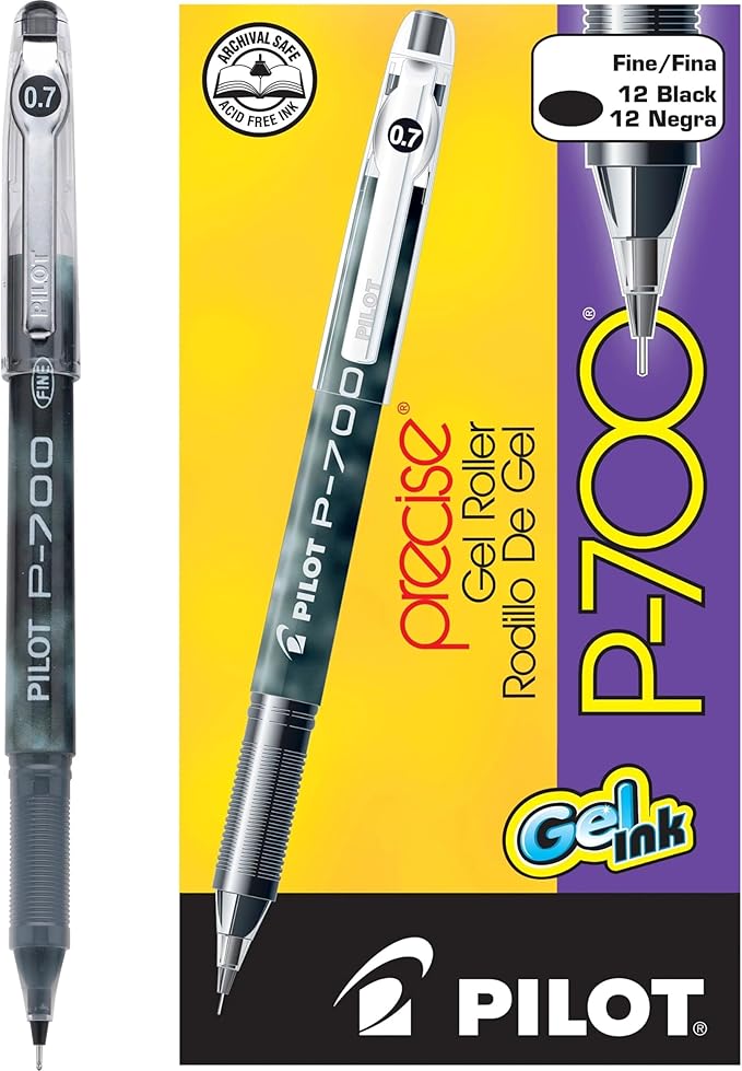 PILOT, Precise P-700 Gel Ink Rolling Ball Stick Pens, Marbled Barrel, Fine Point 0.7 mm, Black, Pack of 12