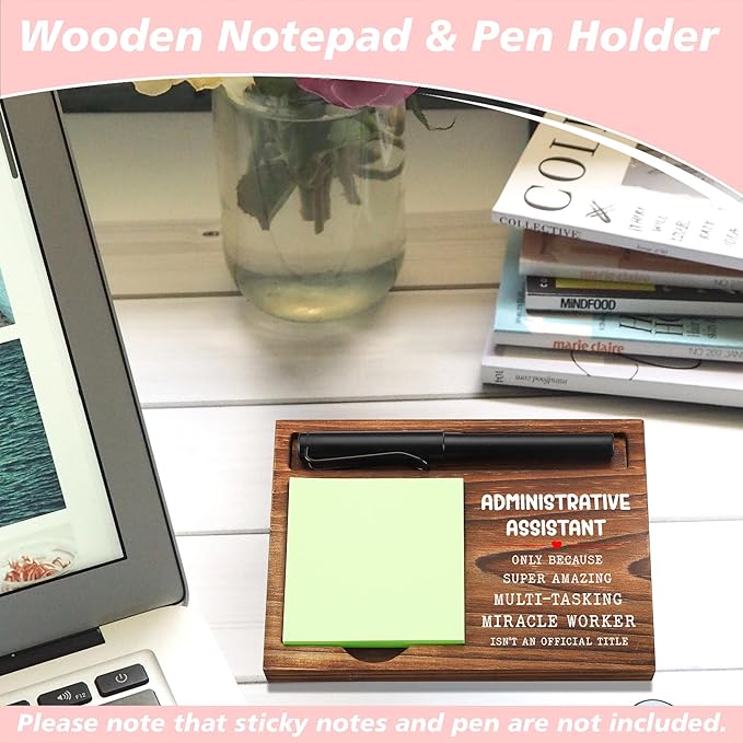 Administrative Assistant Sticky Note Holder Wooden Notepad & Pen Holder 6.5" x 4.7" Sticky Note Pad Holder Dispenser for Desk Administrative Assistant Work Humor Gifts, NPA189