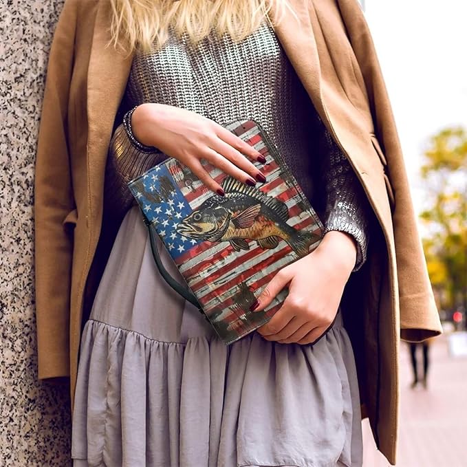 Lotusorchid Bass Fish Print Bible Cover Case, Zippered Bible Carrying Case for Women Girls, American Flag Bible Tote Bag Sturdy Bible Book Cover for Bible Study, Christian Bible Accessories, M