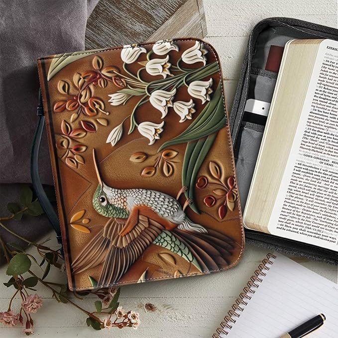 Lotusorchid Flower Hummingbird Printed Bible Covers for Women PU Leather Bible Bag Church Bag Book Carrying Case Bible Accessories with Handle