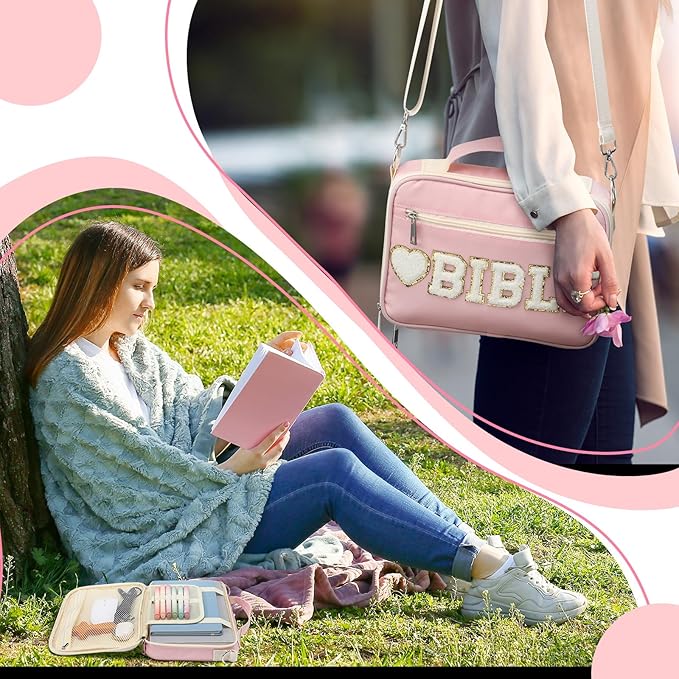 Silkfly Large Chenille Letter Bible Cover for Women Preppy Patch Bible Case Church Bible Bag with Handle(Pink)