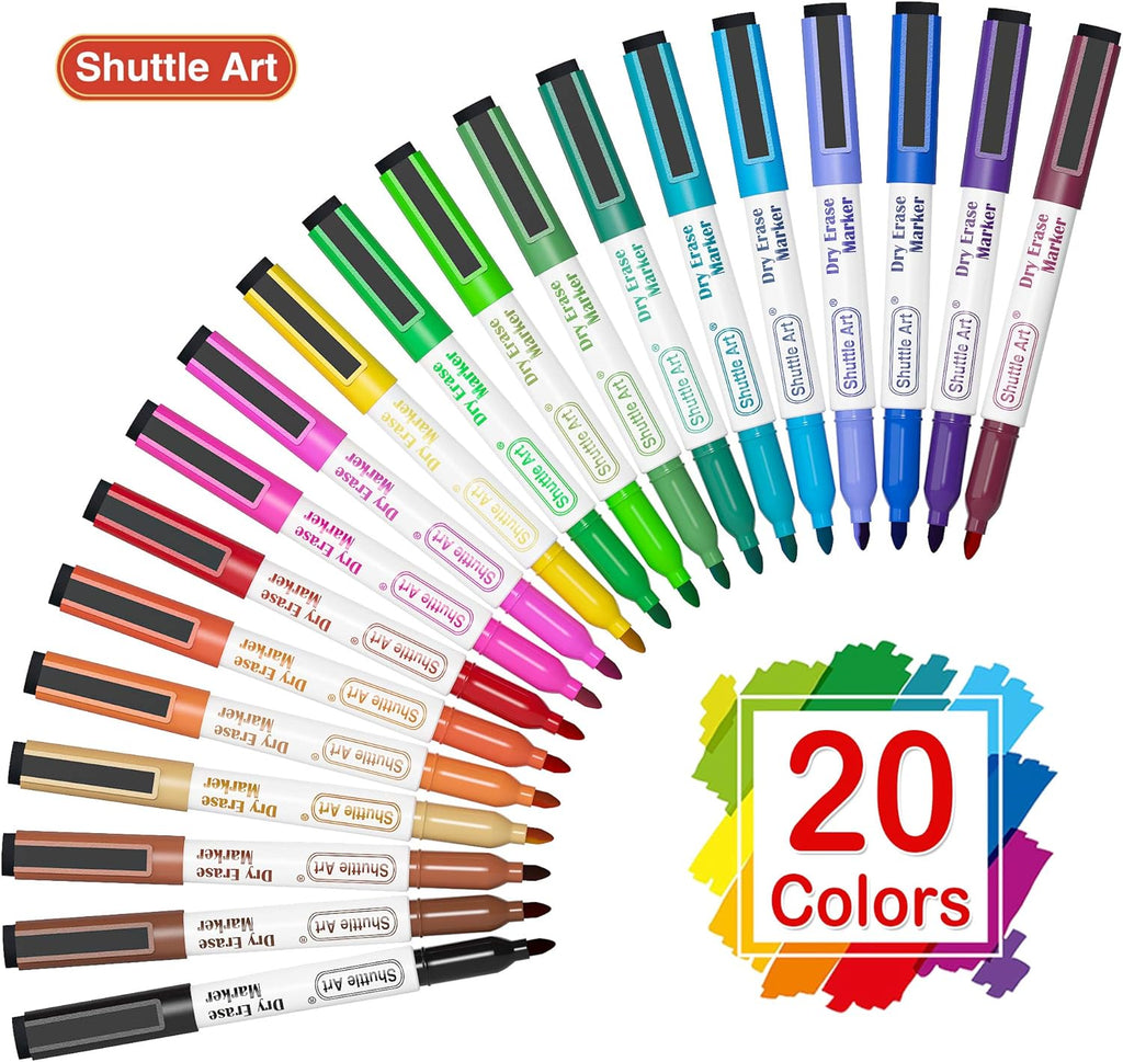 Shuttle Art Magnetic Whiteboard Markers, 20 Pieces Fine Tip and Eraser, Dry Erase Whiteboard Markers, for Writing on Whiteboards, Weekly Planner, Glass for School Office Home