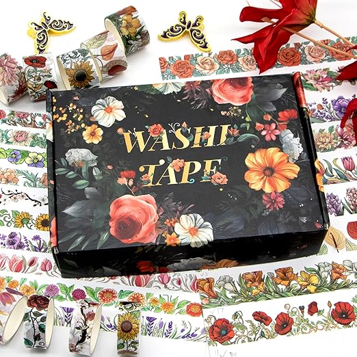 Flower Washi Tape Set, 34 Rolls Floral Tapes for Journaling Supplies, 25mm and 15mm Decorative Tape for Crafts, Christmas Gifts for Moms, Girlfriends, Kids (Rose, Sunflower, Lavender)