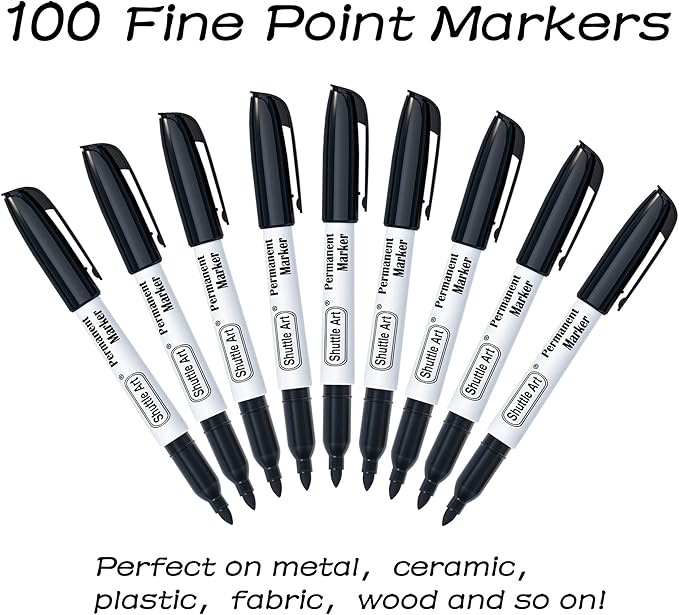 Shuttle Art Permanent Markers, 100 Pack Black Permanent Marker set,Fine Point, Works on Plastic,Wood,Stone,Metal and Glass for Doodling, Marking