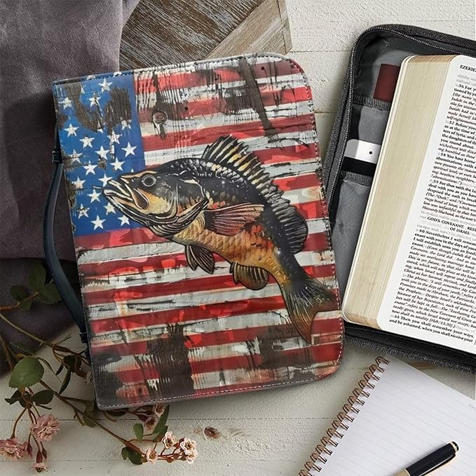 Lotusorchid Bass Fish Print Bible Cover Case, Zippered Bible Carrying Case for Women Girls, American Flag Bible Tote Bag Sturdy Bible Book Cover for Bible Study, Christian Bible Accessories, L