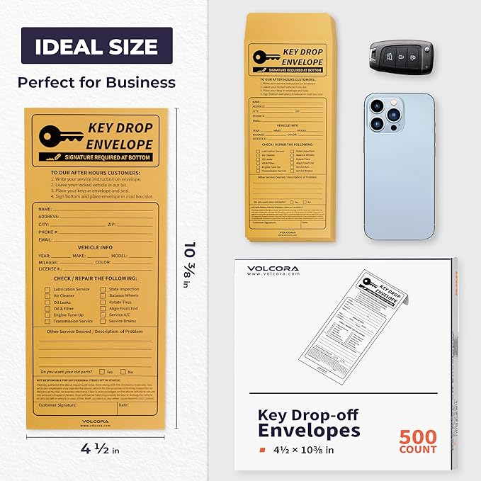 Volcora 500 Pack Key Drop Off Envelopes for After Hours, Night Drop Key Envelopes for Auto Shop Repair, Self Adhesive Envelope for Service Drop Box Overnight, Early Bird, Bussines 4 1/2 x 10 3/10 in