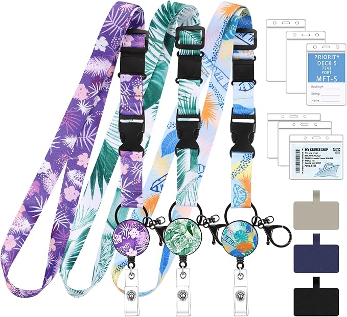 3 Pack Cruise Lanyards for Cruise Ship Cards with Retractable Badge Reel, 6 Pack Waterproof ID Badge Holder and 3 Pack Phone Tether Tab for All Cruises Key Cards