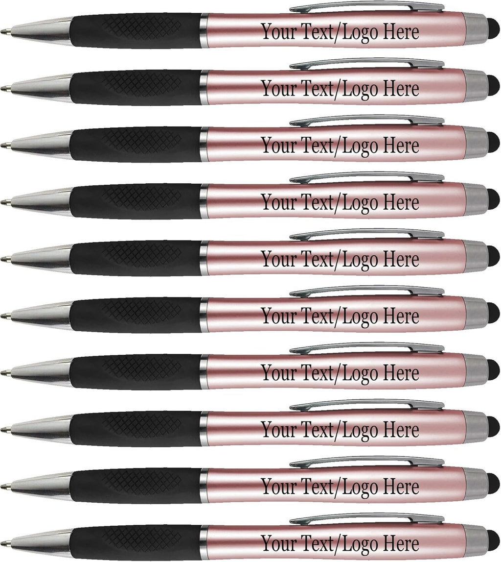Personalized Pens With your Custom Logo or Text-300 Pack Bulk-for Businesses, Parties, and Events, 2 in 1 Ballpoint Pen + Capacitive Stylus forTouchscreen Devices, Rose Gold Barrel, Blue Ink