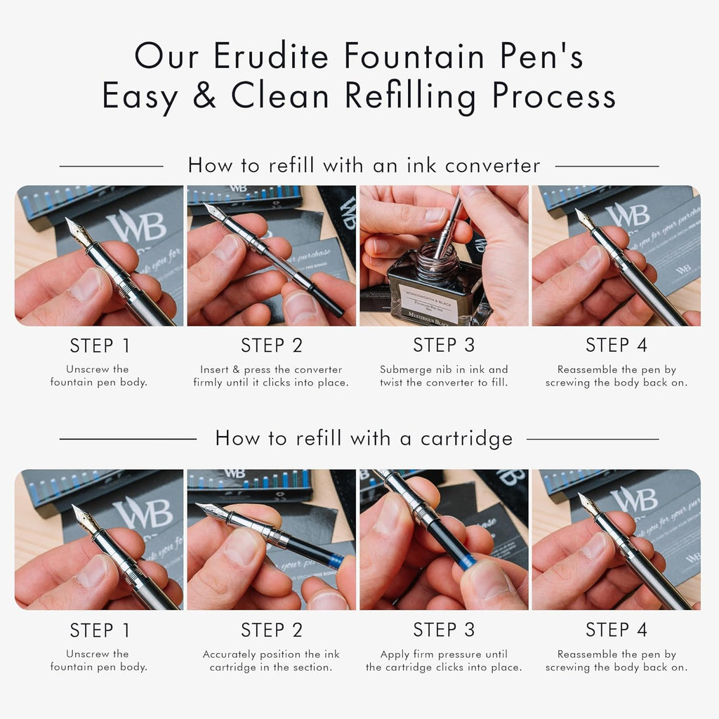 Wordsworth & Black Fountain Pen Set, Medium Nib, Includes 24 Pack Ink Cartridges, Ink Refill Converter & Gift Pouch, Chrome Finish, Calligraphy, [Silver Chrome], Perfect for Men & Women