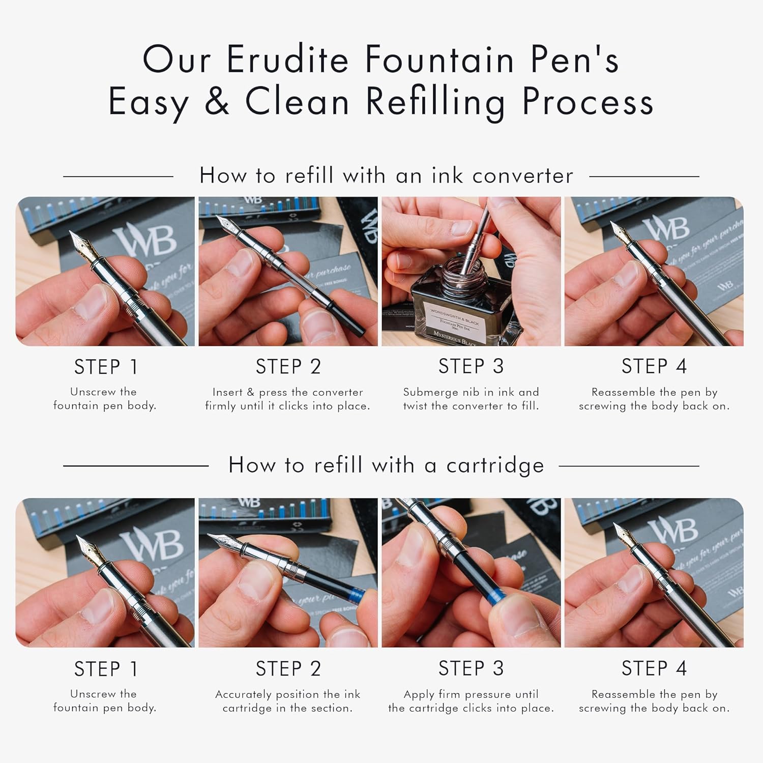 Wordsworth & Black Fountain Pen Set, Extra Fine Nib, Includes 24 Pack Ink Cartridges, Ink Refill Converter & Gift Pouch, Chrome Finish, Calligraphy, [Silver Chrome], Perfect for Men & Women