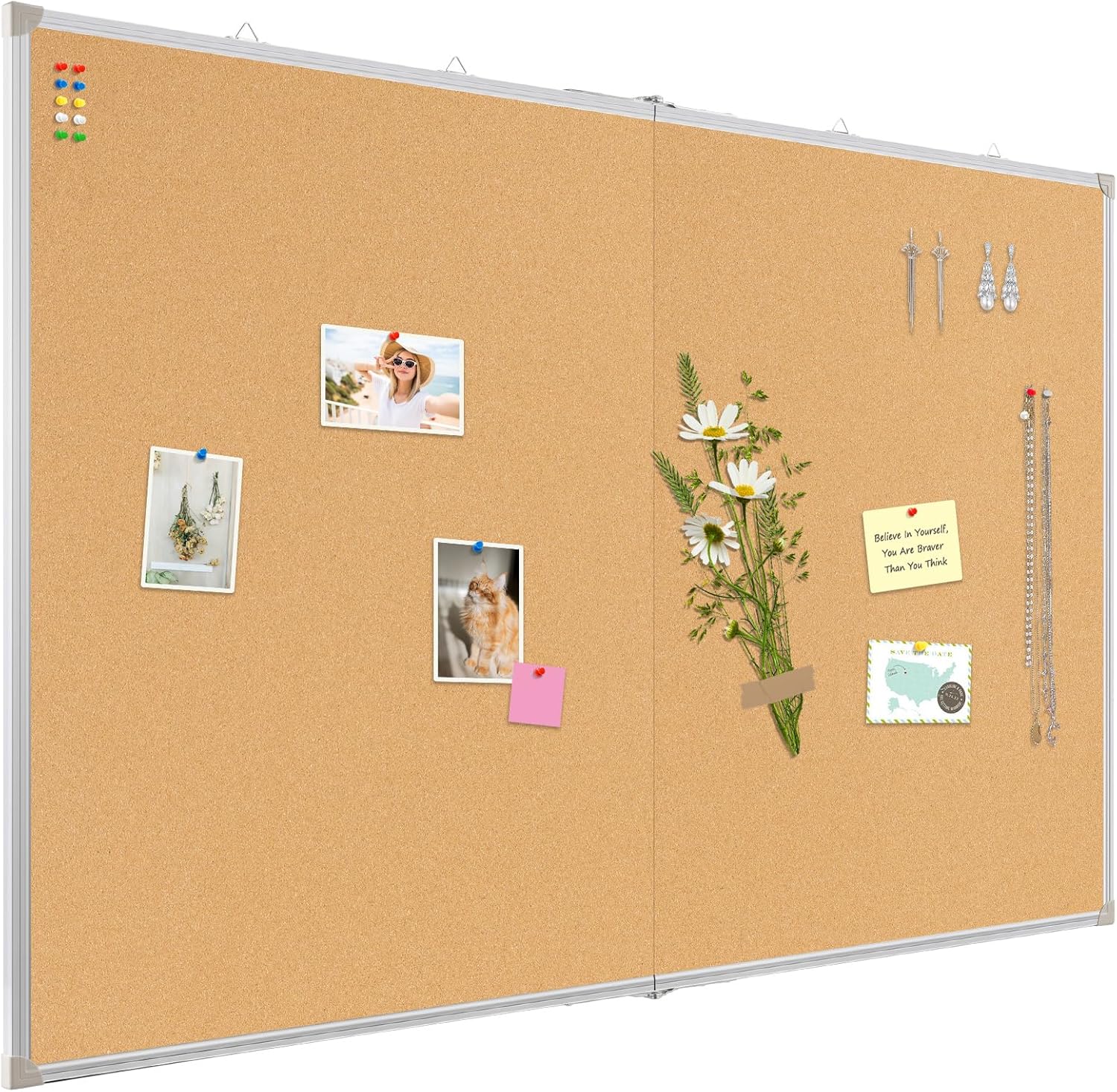 Double-Sided Large Cork Board, 60" x 36" Foldable Hanging Aluminum Framed Bulletin Board, Vision Board Pin Board Corkboards for Walls, Office, School Decor, 20 Pushpins