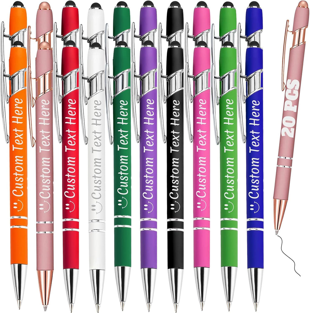 Personalized Pens Bulk 20 with Name Custom Engraving Ballpoint Pens with Stylus Tip Customized Smooth Writing Pens Personalized Gifts for Anniversary Birthday or Graduation(Assorted,Black Ink)