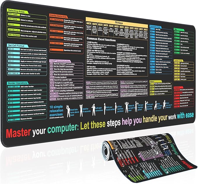 Waterproof Mouse pad—Excel Cheat Sheet Desk pad—Contains 9 major Excel function module and common functions—Large XXL (35.45" x 15.75")|Mousepad for Keyboard and Mouse|Computer mat with excel Shortcut