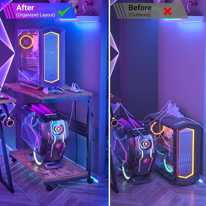 Computer Tower Stand with Power Strips, Height Adjustable PC Tower Stand/Cart with Wheels, Mobile Rolling CPU Holder, Computer Cart Side Stand for Computer Desk, 24", Rustic Brown