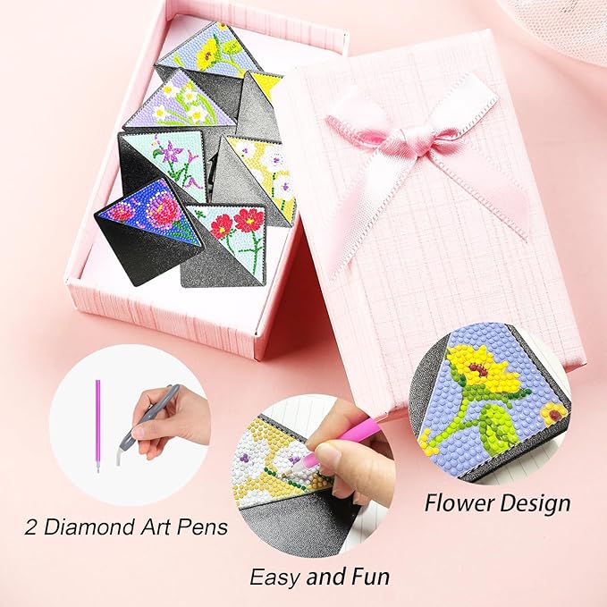 Ergonomic Diamond Art Pen with 8 Pcs Diamond Art Bookmarks Kit for Adult, DIY Diamond Paint Corner Book Makers Set, Small Diamond Art Kits, Paint by Art Crafts Kit Gifts(Floral 8)