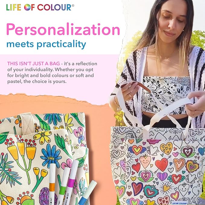 Doodle Bag Bundle – Color Your Own Tote Bags in Two Playful Patterns - Craft Kits for Adults Includes 2 Canvas Totes & 48 Acrylic Markers – DIY Painting & Art Kit for Women