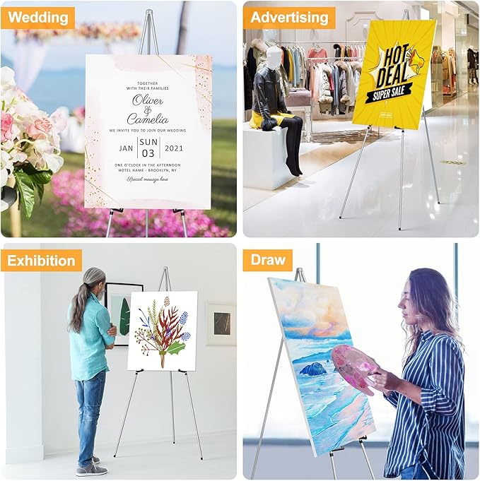 Display Artist Easel Stands - 63" Instant Tripod Collapsible Portable Floor Easels - Easy Folding Adjustable Art Poster Metal Stands for Display Show, Wedding, Painting - Silver 2pack