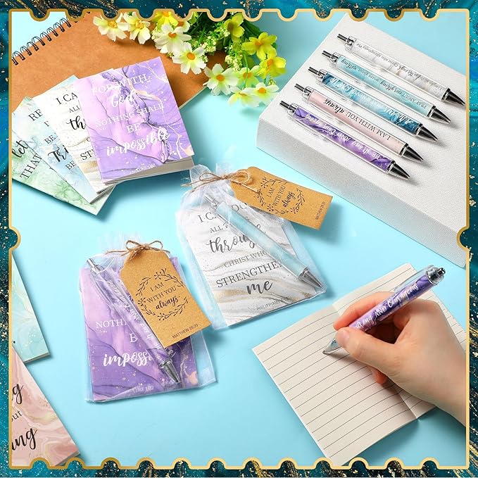 200 Pcs Bible Verse Sets Church Christian Gift Include 50 Scripture Notebooks 50 Bible Bamboo Pens 50 Thanks Tags 50 Organza Bags for Women Man Christian Party Gifts(Elegant Color,Marble)