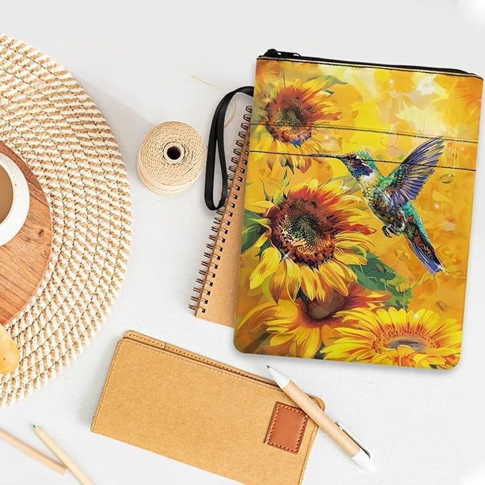COEQINE Sunflower Birds Book Covers for Women Men Portable Washable Book Sleeves for Book Lover Back of School Large Capacity Yellow Cute Animal Book Pouch