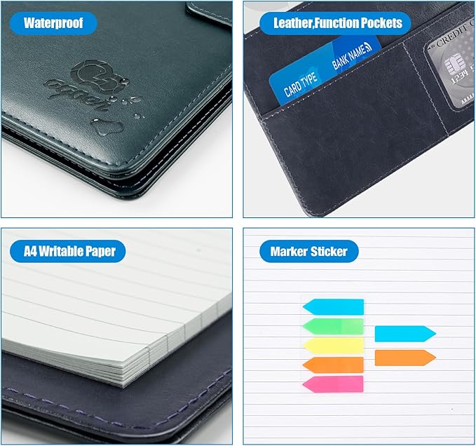 A4 Leather Padfolio Portfolio Organizer Binder,A4 Business Interview Legal Document Folder with Magnetic Closure Cover,Resume Folder with Luxury Papers,Sticky Tabs,Pen for Men Women(Navy Blue)