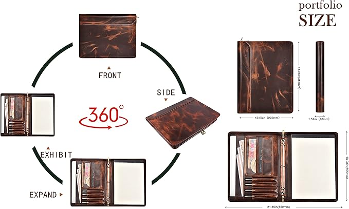 Free Engraved Name, Personalized Leather Binder Portfolio Folder, 3 Ring Binder Padfolio for Men, Handmade Resume Zippered Padfolio for Women, Business A4 Document Organizer, Customized, Oil Wax