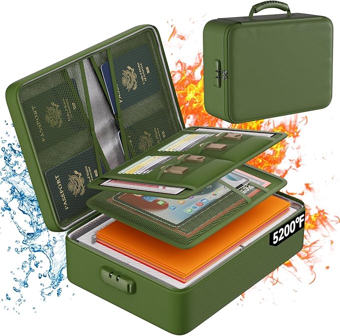 DocSafe 5200°F Document Organizer with Lock,Upgraded Heat Insulated Fireproof＆Waterproof Box 8 Layers File Organizer,Portable Home Travel Safe Storage for Important Documents, Files,Green (Soft)