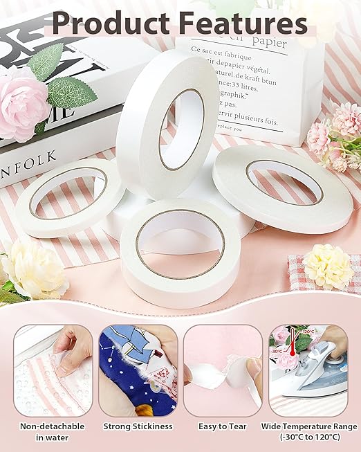 PLANTIONAL 2 Rolls Double-Sided Sticky Fabric Tape, No Sewing Required, Gluing, or Ironing Stitch Witchery Adhesive Cloth Tape, 2/5" x 54.6 Yd and 1" x 54.6 Yd Fabric Hemming Tape