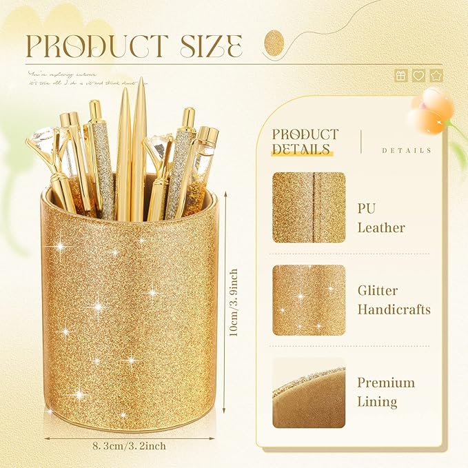 Sabary 8 Pcs Ballpoint Pens with Pen Holder for Desk Glitter Crystal Diamond Fancy Pencil Holder Bling Desk Organizer Cute Stationery Supplies for Women Girls Wedding Office School Gifts(Gold)