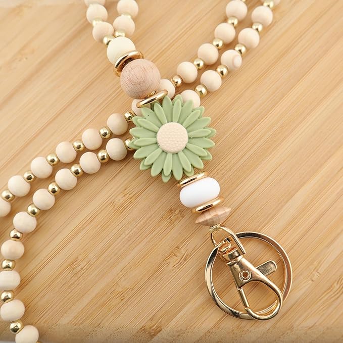 Wooden Teacher Lanyards for Id Badge Cute Flower Wood and Gold Beaded Lanyards for Women for Nurse Badge