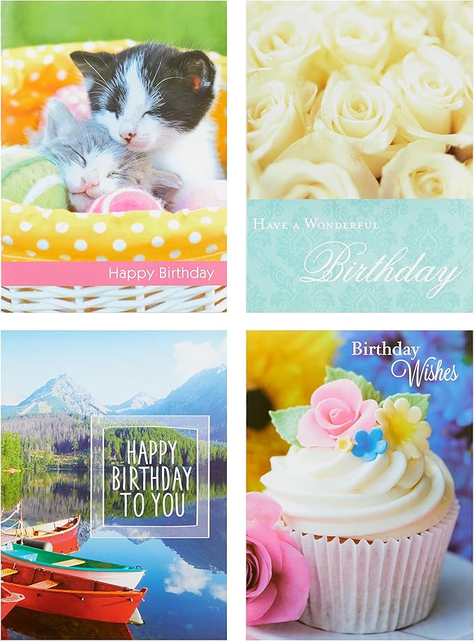 Paper Craft IG98638-RE Religious Birthday Card Assortment Box Set with Envelopes, 12 Cards, 4.75'' W x 6.5'' H, Cupcake, Kitten, Landscape, and Floral Photography