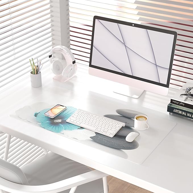 QIYI Desk Pad, Non-Slip PU Leather Desk Blotter Protector, Kids Floral Print Waterproof Computer Desk Mat, Thick Home & Office Large Keyboard Mouse Pad 31.5" x 15.7" - Pebbles & Blue White Flowers