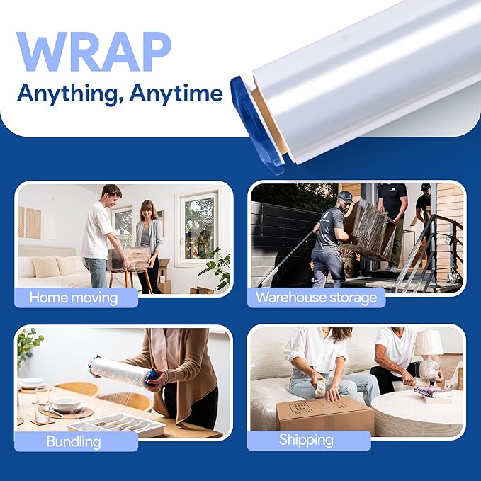 80 Gauge Plastic Stretch Film/Wrap with Tension Handles 1200ft 500% Stretch Clear Cling Durable Adhering Packing Moving Packaging Heavy Duty Shrink Film (Tension Handles, 2)
