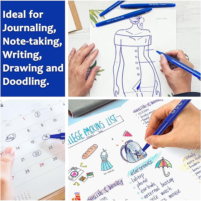 Lelix Felt Tip Pens, 30 Blue Pens, 0.7mm Medium Point Felt Pens, Felt Tip Markers Pens for Journaling, Writing, Note Taking, Planner, Perfect for Art Office and School Supplies